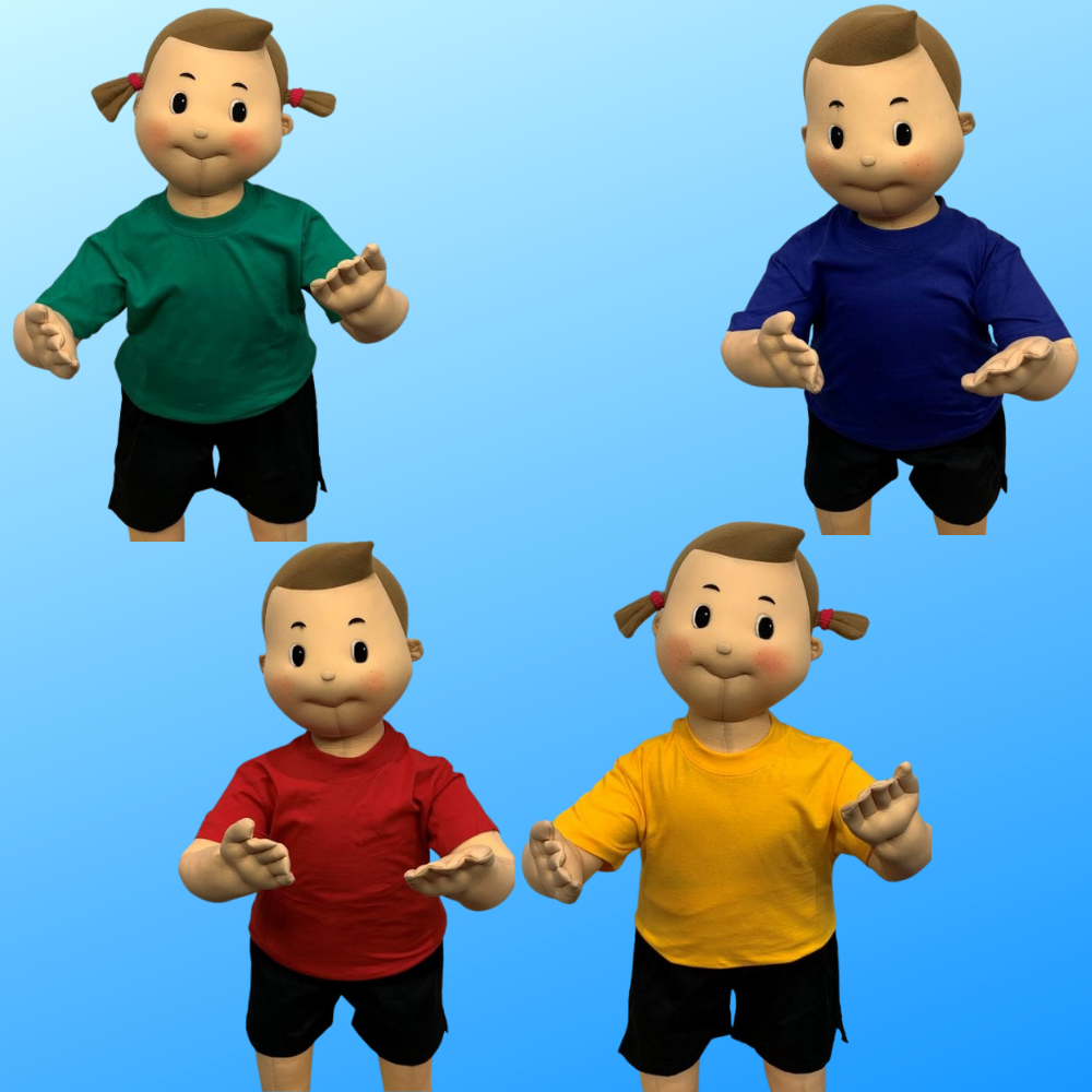 female mannequin displaying green t-shirt, male mannequin with blue t-shirt, male mannequin with red t-shirt and female mannequin with yellow t-shirt