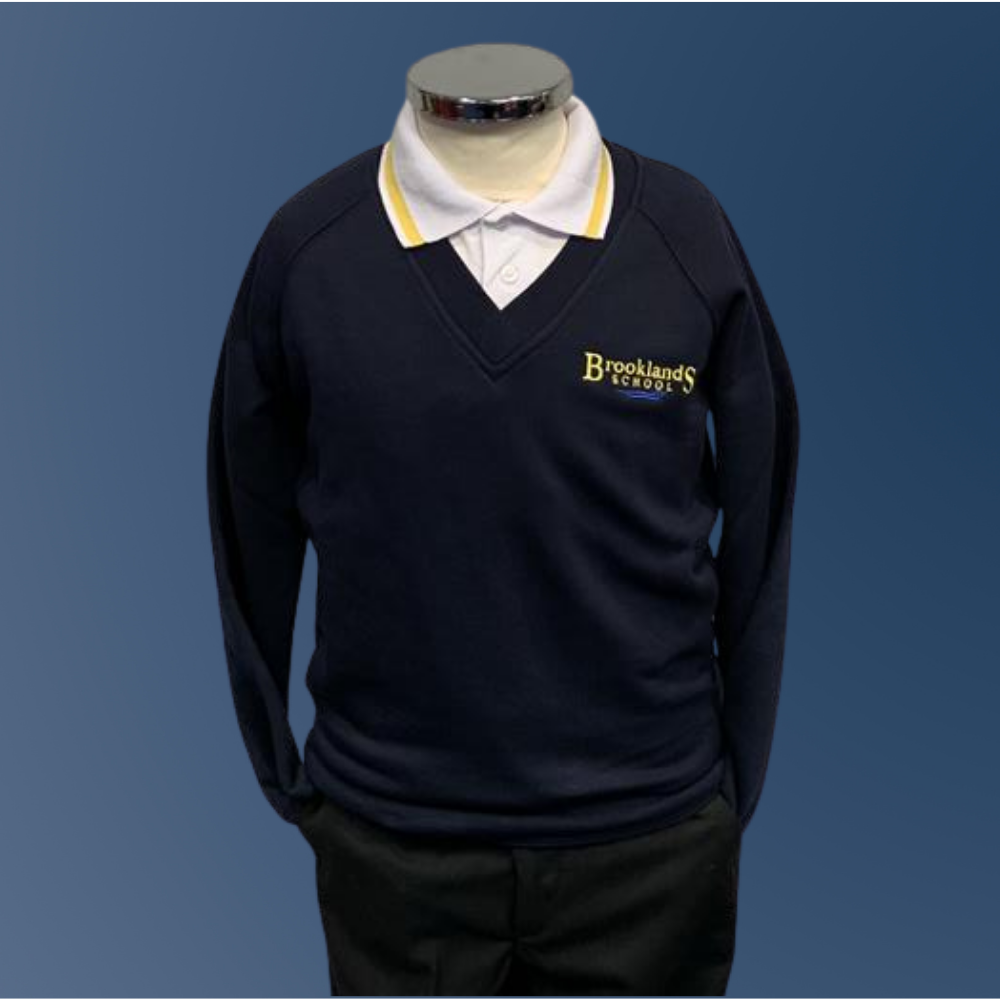 Brooklands boys uniform; navy sweatshirt with logo, white polo with gold trim and black trousers
