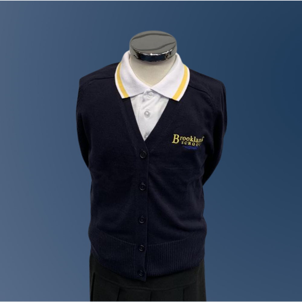 Brooklands Girls Uniform; navy cardigan, white polo with gold trim and black skirt