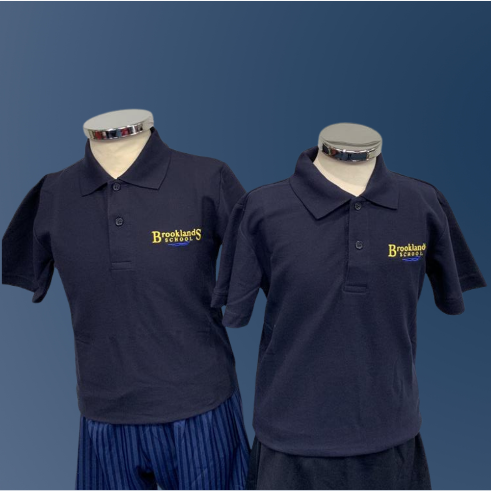 Brooklands PE kit; navy polo with logo, navy shorts, navy skort