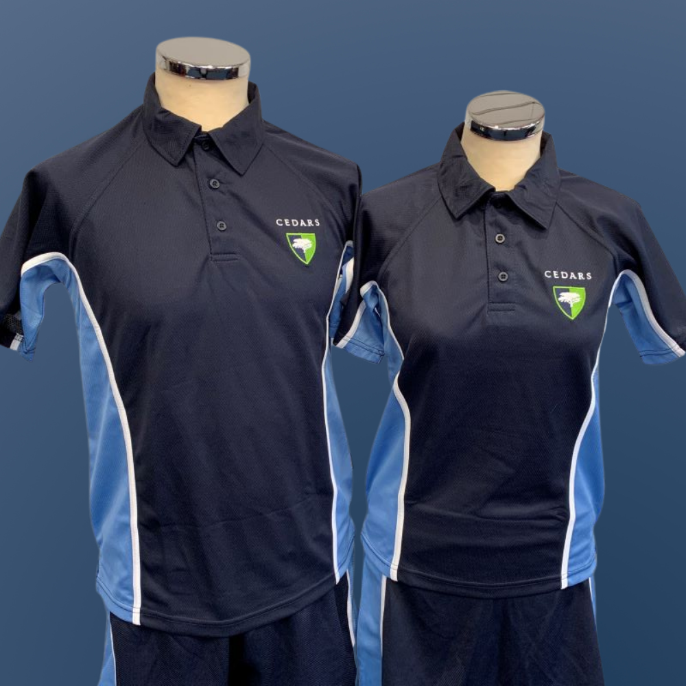 Cedars PE kit; school polo shirt, school shorts/skort