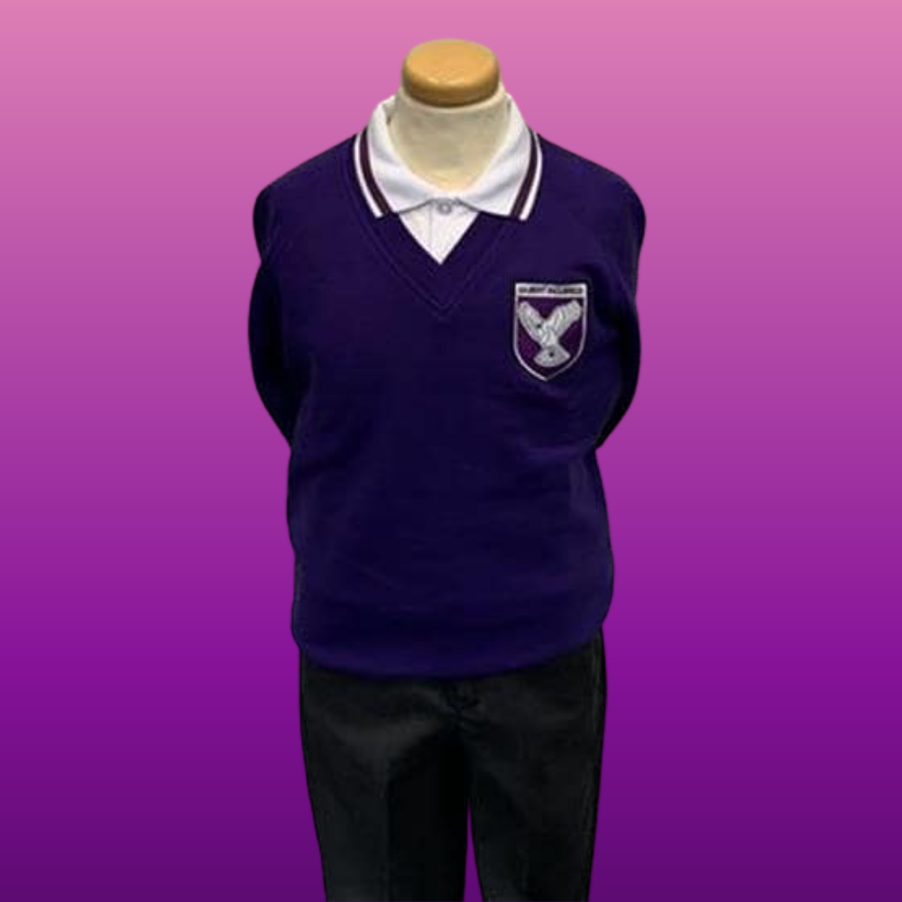 Gilbert Inglefield Academy Uniform: Purple sweatshirt, white polo with purple trim and grey trousers