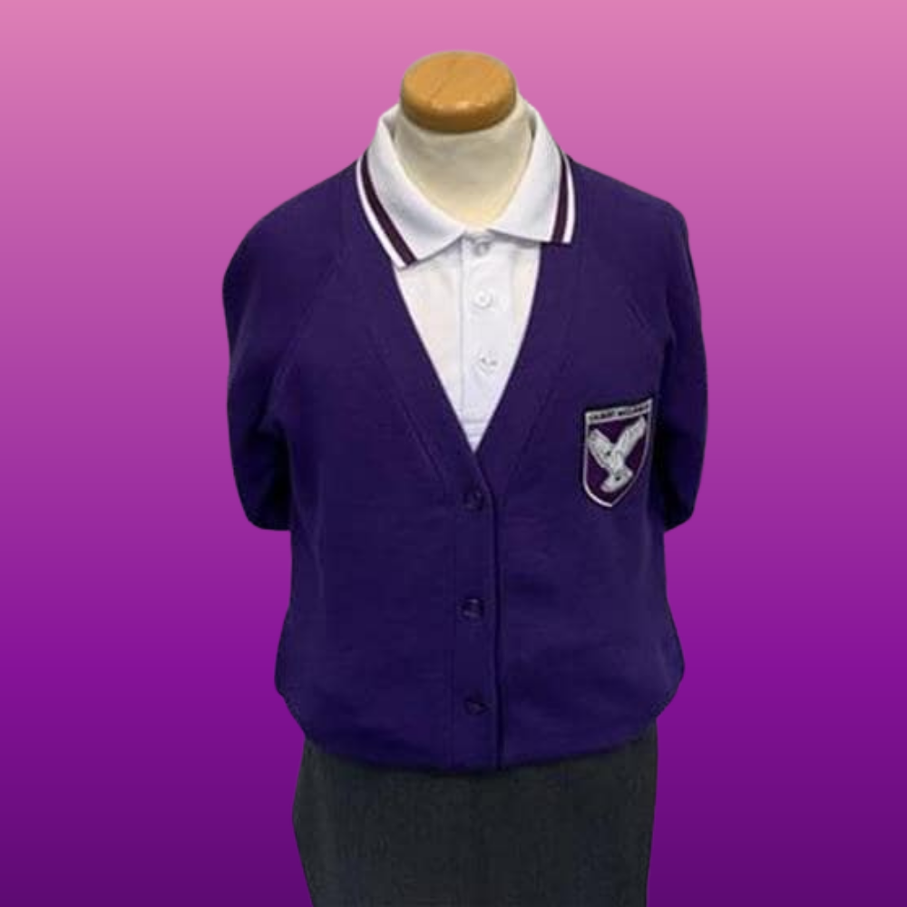 Gilbert Inglefield Academy Uniform: Purple cardigan, white polo with purple trim and grey skirt