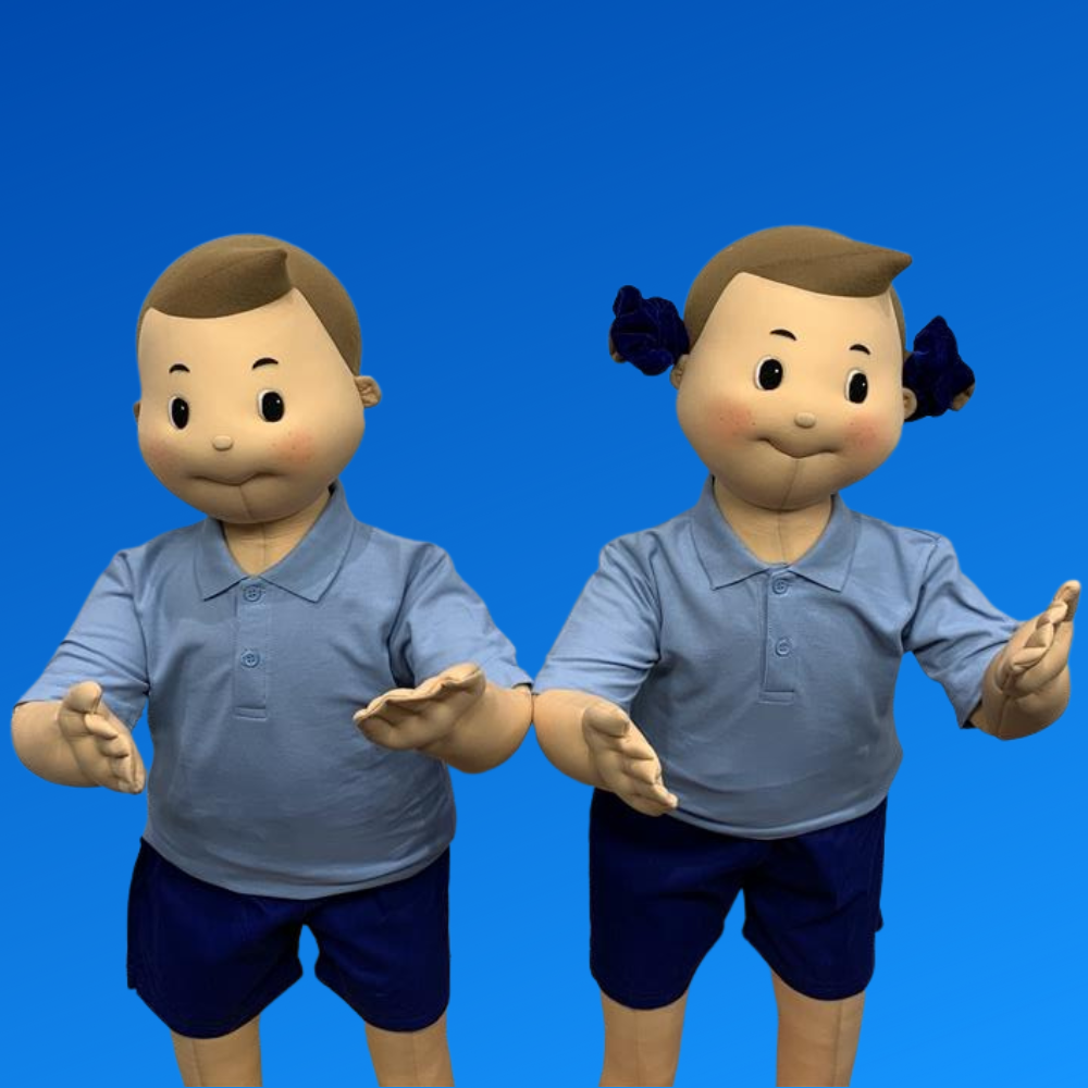 Girl and boy mannequins wearing Hockliffe Lower School PE kit, sky blue polo and royal blue cotton shorts