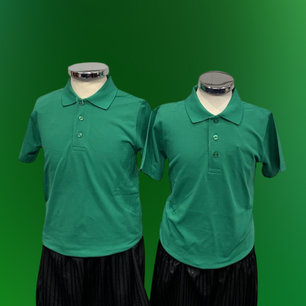 Leighton Middle School PE kit; green polo and black shorts