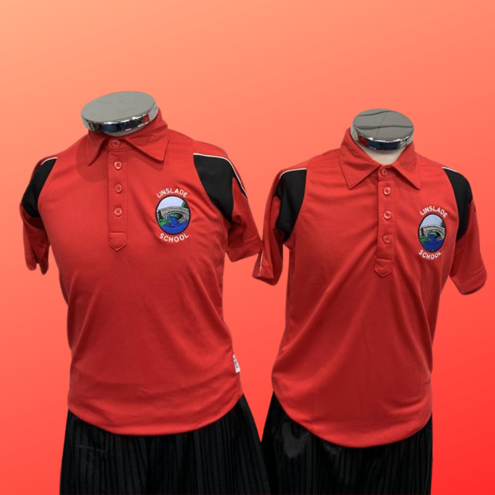 Linslade Middle School PE kit; red polo with school logo ad black shorts