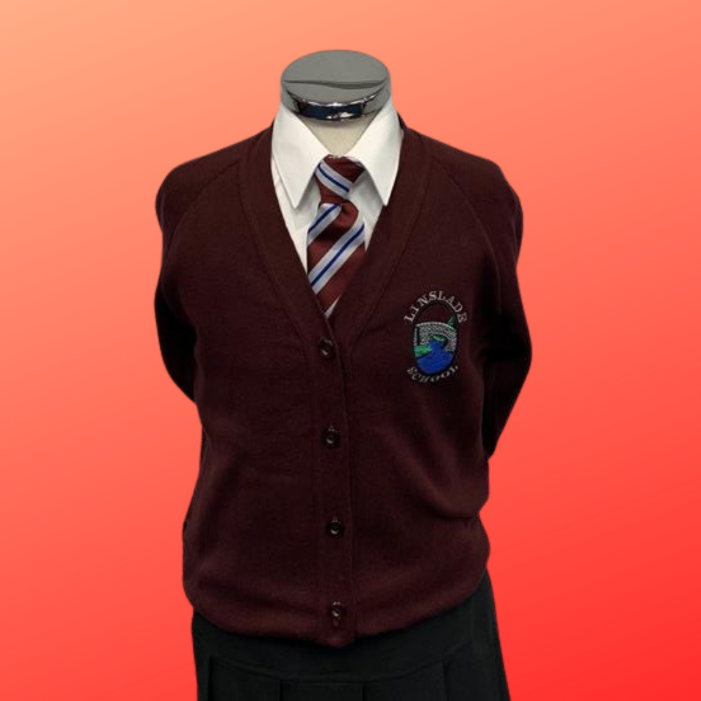 Linslade Middle School girls uniform; maroon cardigan, white blouse, school tie and black pleated skirt