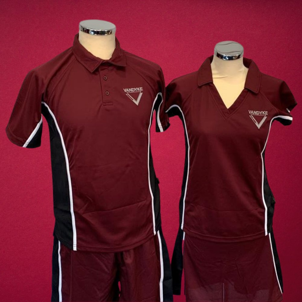Vandyke PE Kit, burgundy polo, burgundy shorts/skort